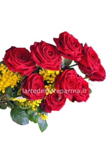 Rose rosse a stelo lungo con mimosa